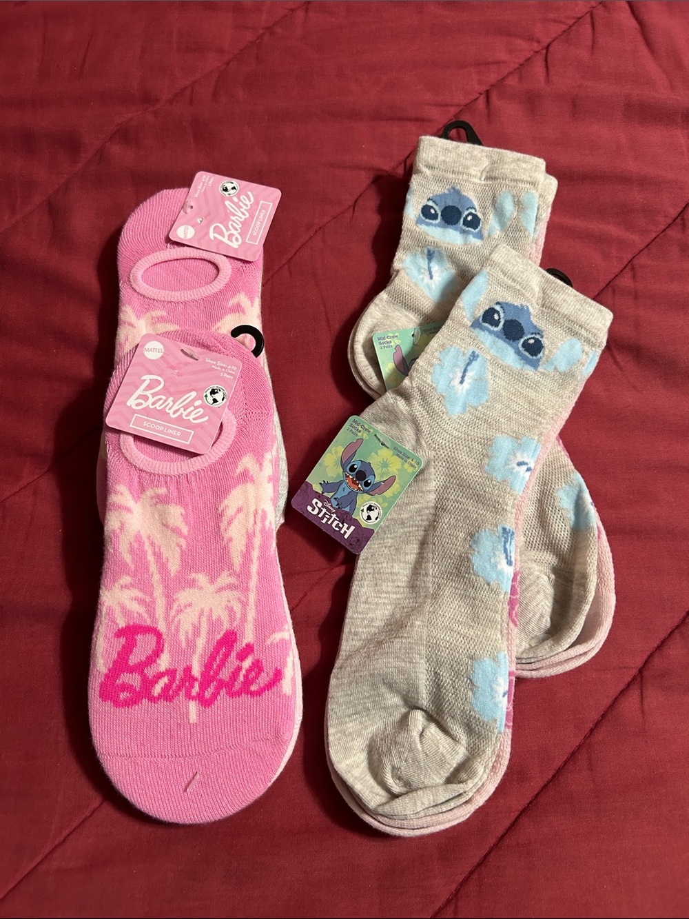 6 pr - Barbie No-Show and 4 pr - 2 each of Stitch Pink & Blue socks.